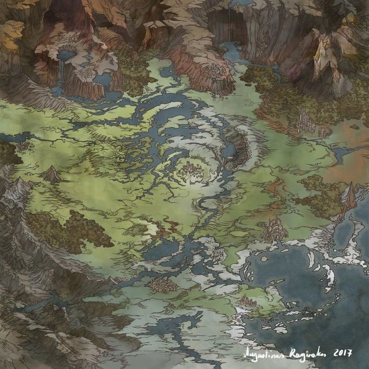 an artistic map with mountains and water in the background, as well as trees on both sides