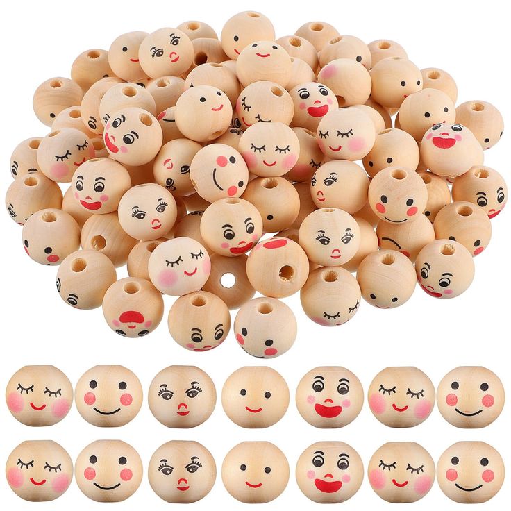 wooden beads with faces and eyes are shown in different sizes, shapes, and colors