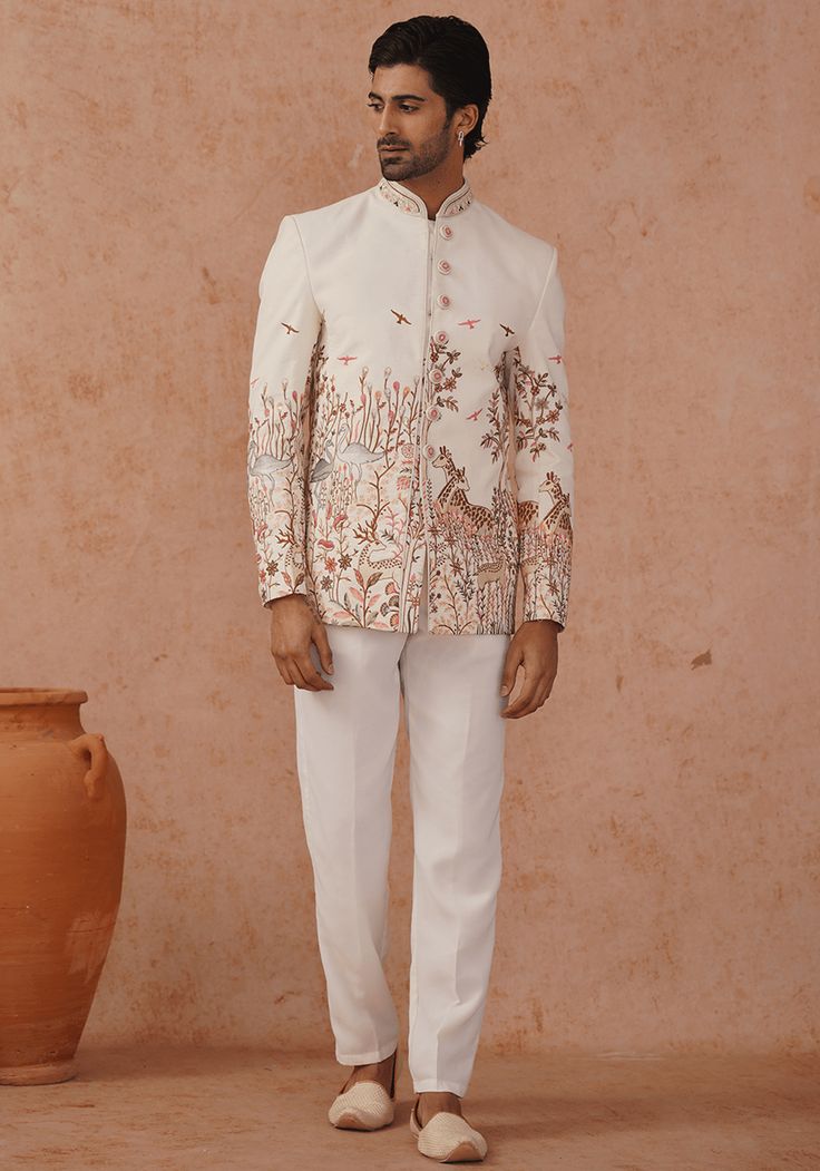 Off White Embellished Jodhpuri Set Kalpraag - Fabilicious Fashion Men’s Haldi Outfit, Jodhpuri Wedding Suit, Marriage Clothes For Men Indian, Semi-stitched Long Sleeve Bandhgala With Mirror Work, Designer Multicolor Bandhgala With Chikankari Embroidery, Bollywood Style Bandhgala With Floral Embroidery For Formal Occasions, Formal Bollywood Bandhgala With Floral Embroidery, Fitted White Nehru Jacket With Mirror Work, Fitted Bollywood Style Embroidered Bandhgala