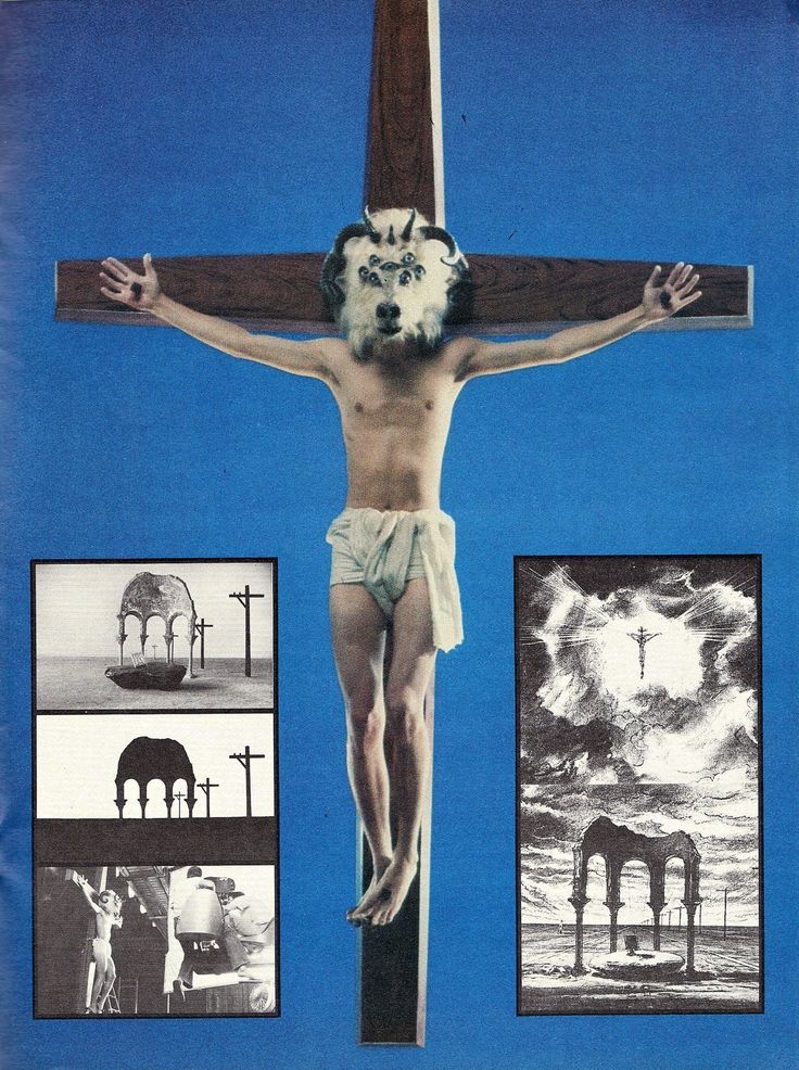 an old photo of jesus on the cross with pictures of animals and people around it