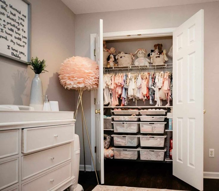 the closet is full of baby clothes and other things to put in it's storage area