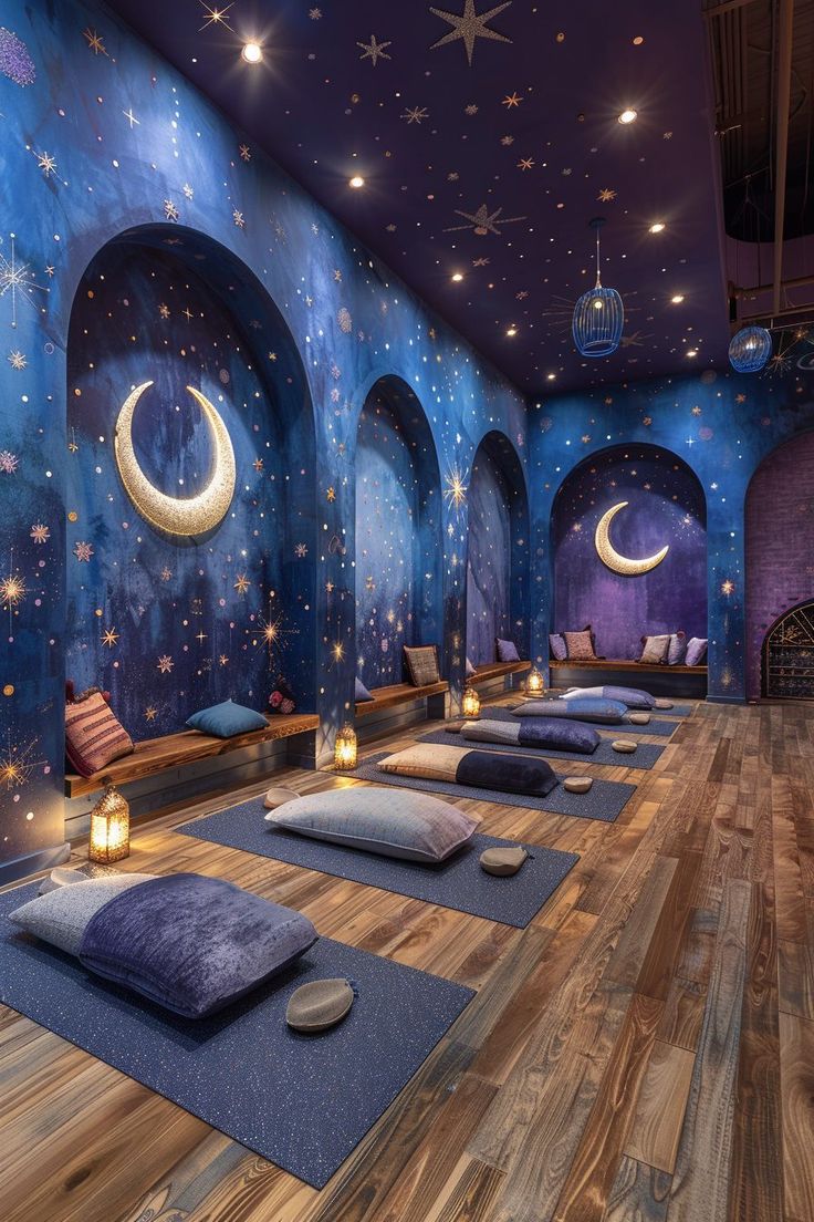 a yoga room with blue walls and stars on the ceiling is lit up by candles