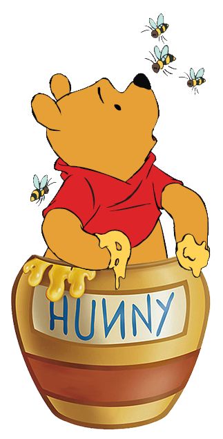 winnie the pooh sitting in a honey pot with bees flying around it and holding onto his