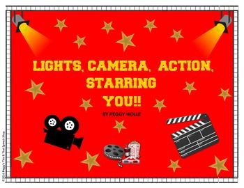 a red background with stars and some movie equipment on it, the words lights, camera, action, staring you