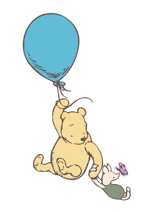 winnie the pooh and piglet flying with a blue balloon over their head,