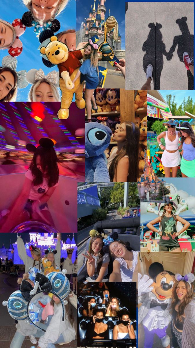 the collage shows many different pictures and people in disney world, including mickey's castle