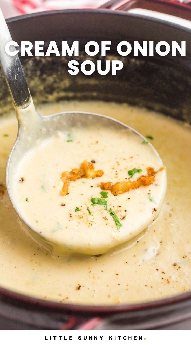 a spoon full of cream of onion soup in a pot with the title above it