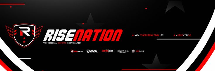 the red and black logo for rise nation is displayed on a dark background with stars