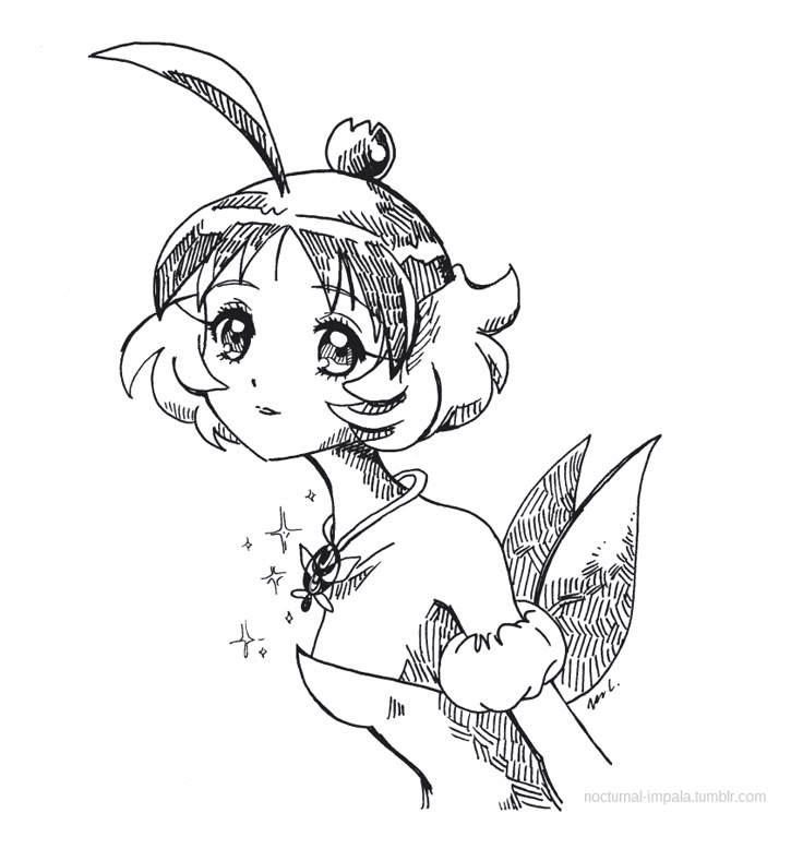 a drawing of a cartoon character with a toothpick on her head and wings