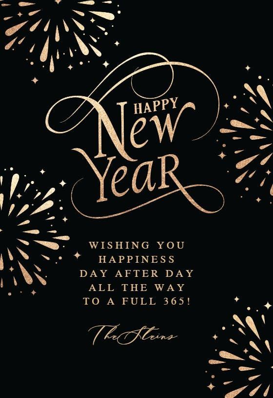 happy new year greeting card with gold fireworks on black background and text that reads, wishing you happiness day all the way to a full 90