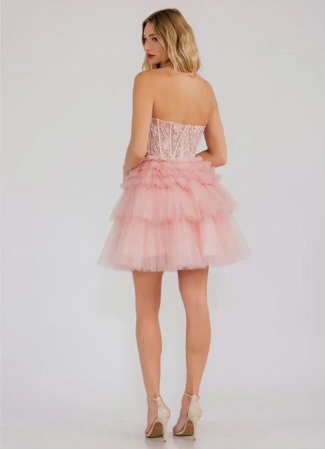 Semi Formal Homecoming Dress Darina Strapless Lace Corset With Tulle Ruffle Skirt Dress Darina Strapless Lace Corset with Tulle Ruffle Skirt Dress combines elegant lace with a flattering corset design for a sophisticated look. The tulle ruffle skirt adds a touch of romance while accentuating your figure. Perfect for formal events or special occasions. Details Available in sizes 6 Color: Blush 100% Polyester Embroidered Flower Detail With Stones Strapless Back Zipper Mesh Corset Bottom Tulle FINAL SALE ITEM Sizing 6 Fit True To Size Tulle Ruffle Skirt, Lace Corset Dress, Blush Fabric, Corset Design, Wedding Guest Style, Mesh Corset, Maxi Gown Dress, Color Blush, Lace Corset