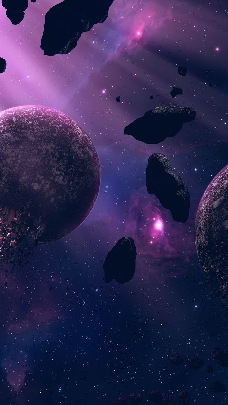 an artist's rendering of some planets in the sky with rocks and stars around them