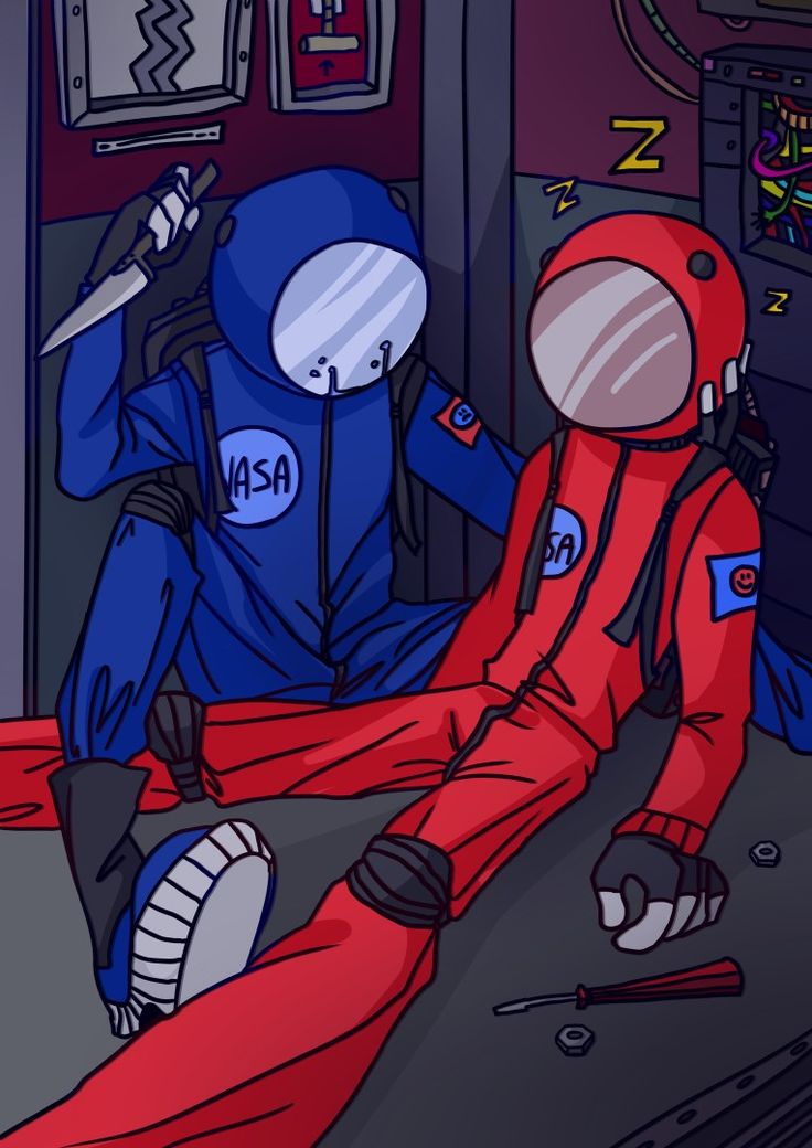 two people in red and blue spacesuits sitting on the floor with one person holding a knife