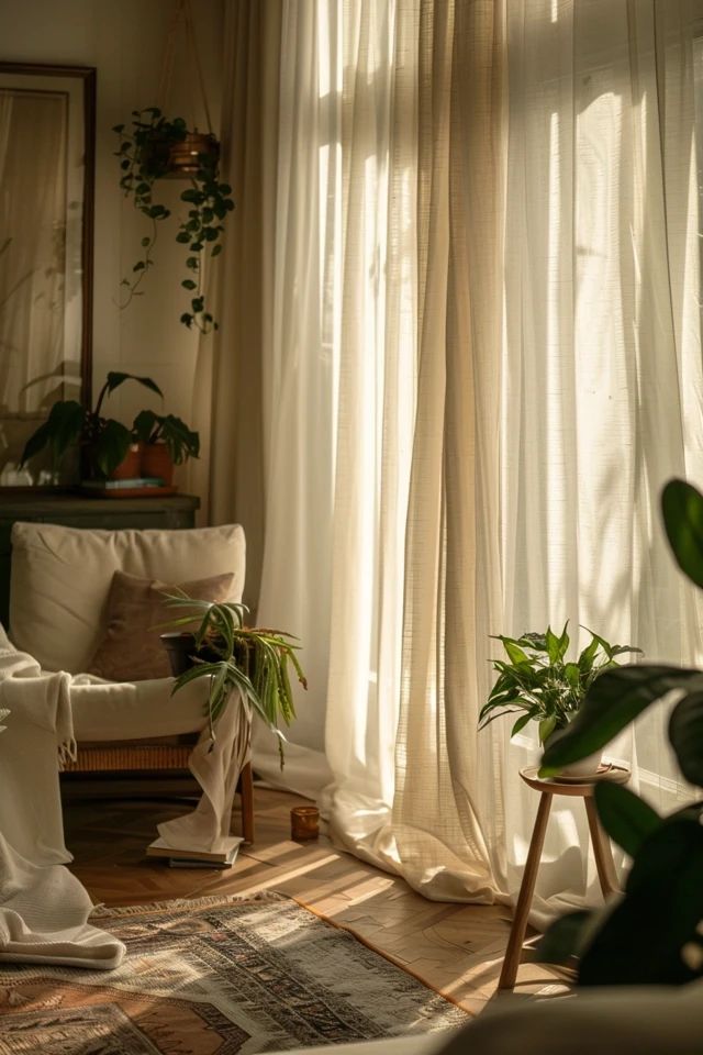 a living room filled with furniture and lots of windows covered in white draping