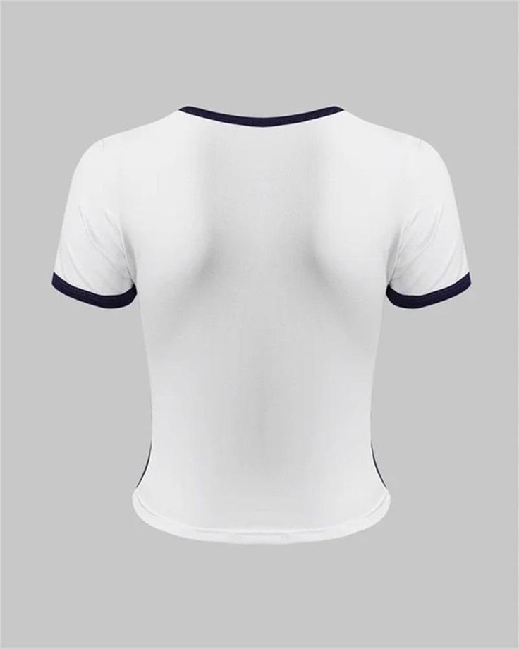 a women's white t - shirt with navy trim