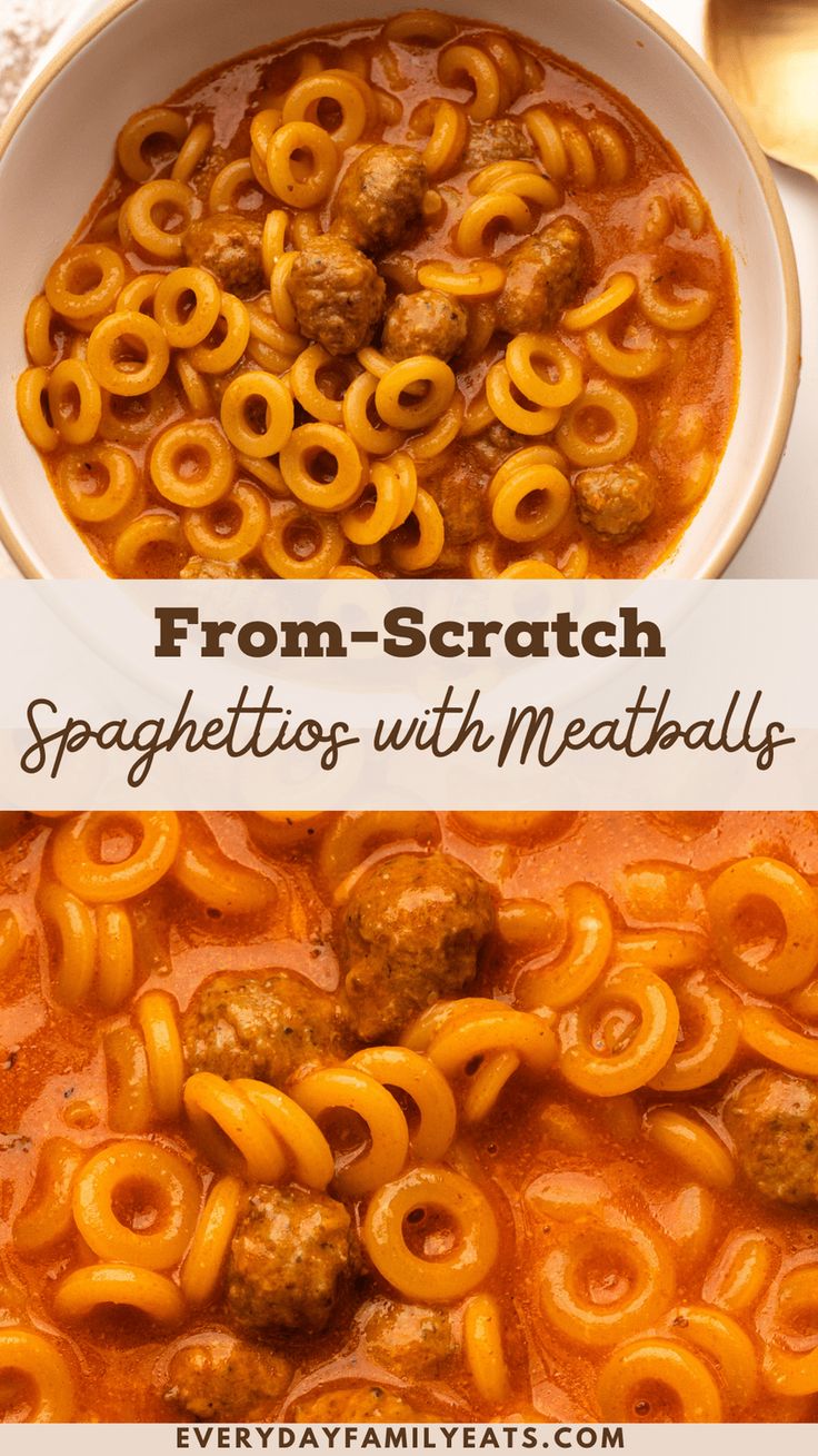 two pictures with the words from scratch spaghetti to meatballs in them, and an image of