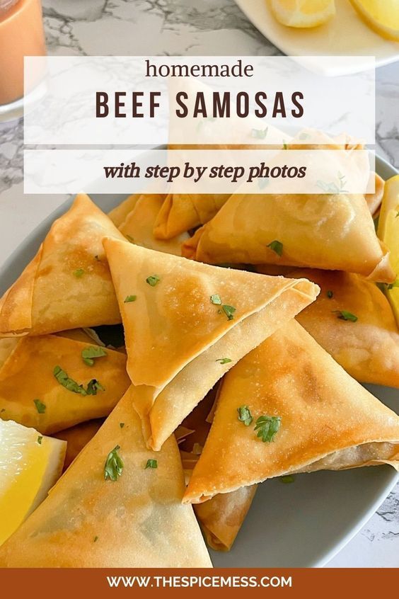 homemade beef samosas with step - by - step photos on the side and lemon wedges