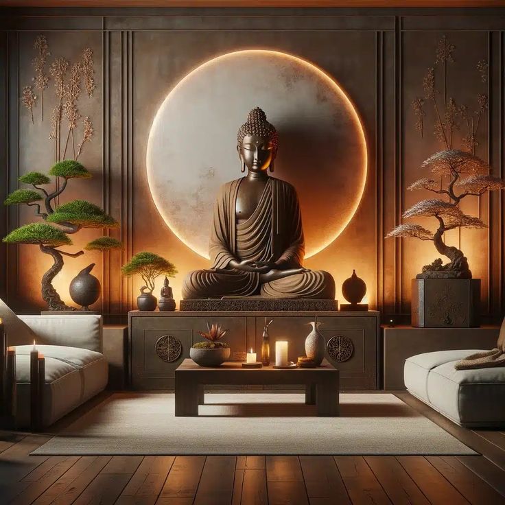 a buddha statue sitting in the middle of a living room