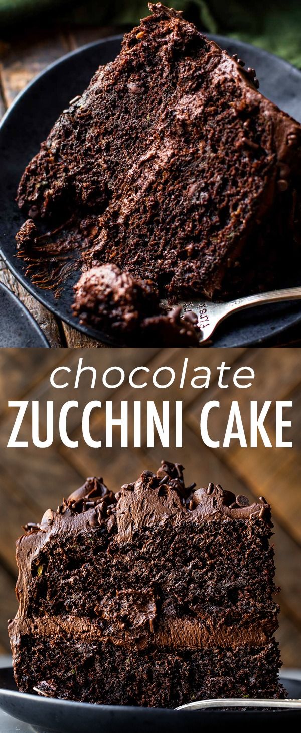 chocolate zucchini cake on a black plate with a fork in the foreground