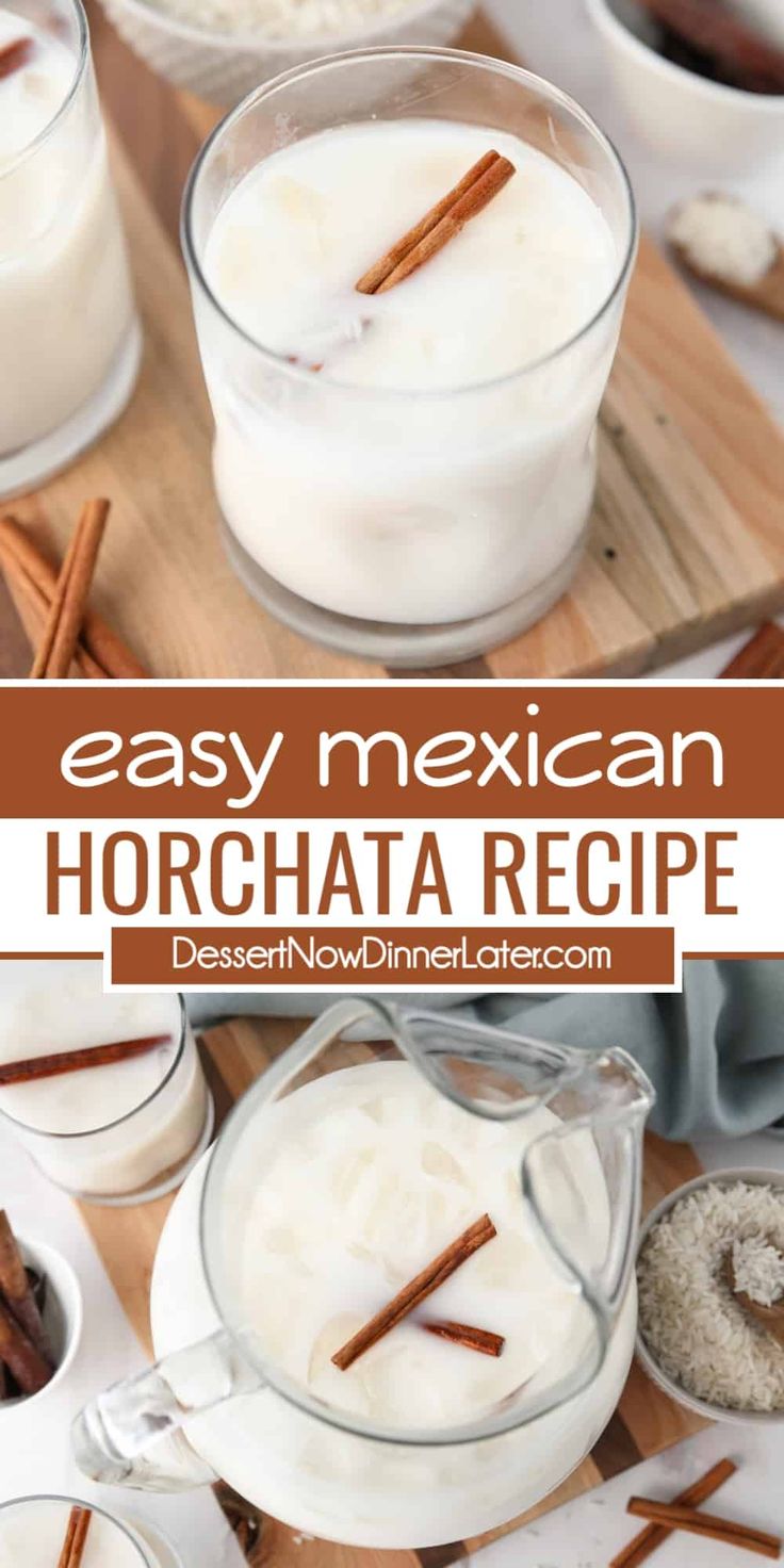 homemade mexican horchata recipe with cinnamon sticks in the middle and two glasses filled with milk