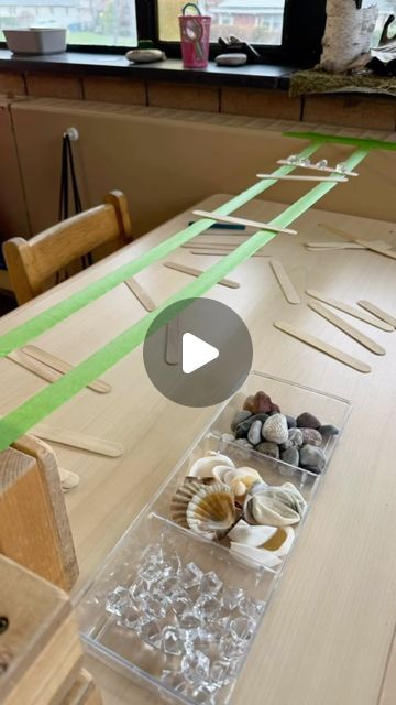 an image of a table that is made out of plywood and some sea shells