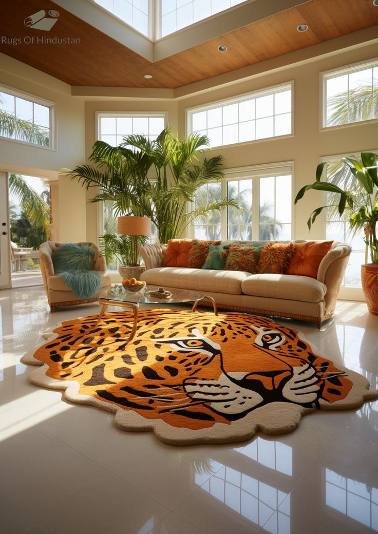 a living room filled with lots of furniture and a tiger rug on the floor next to a couch