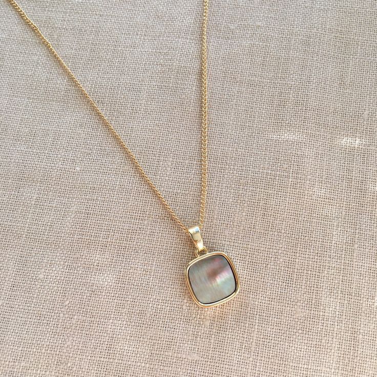 A minimalist and dainty mother of pearl pendant necklace. Gold plated pendant and delicate curb chain. Square Pendant Necklace, Pendant Necklace Gold, Square Pendant, Pearl Pendant Necklace, Curb Chain, Necklace Gift, Pearl Pendant, Necklace Gold, Mother Of Pearl