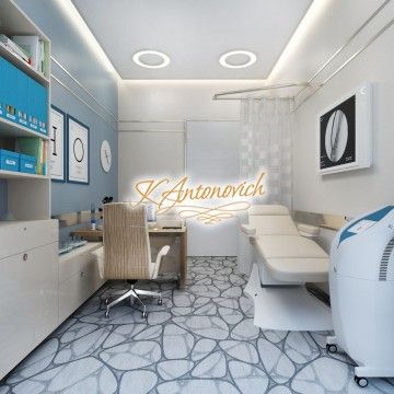 an office with white furniture and blue accents