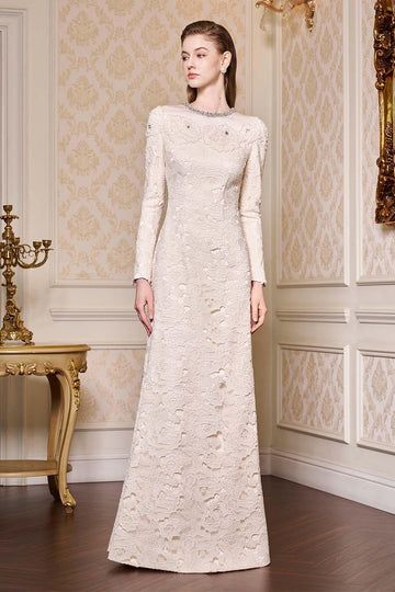 Monroe A-line Round Neck Silk Lace Floor Length Dress | MEAN BLVD Elegant Cream A-line Evening Dress, Evening Mother Of The Bride Dress With Scalloped Lace, Formal A-line Lace Dress With Lace Bodice, Elegant Beige A-line Lace Dress, Elegant A-line Evening Dress With Sweep Train, Elegant A-line Lace Dress With Lace Trim, Elegant White Evening Dress With Lace Trim, Elegant A-line Lace Evening Dress, Elegant Ball Gown For Banquet