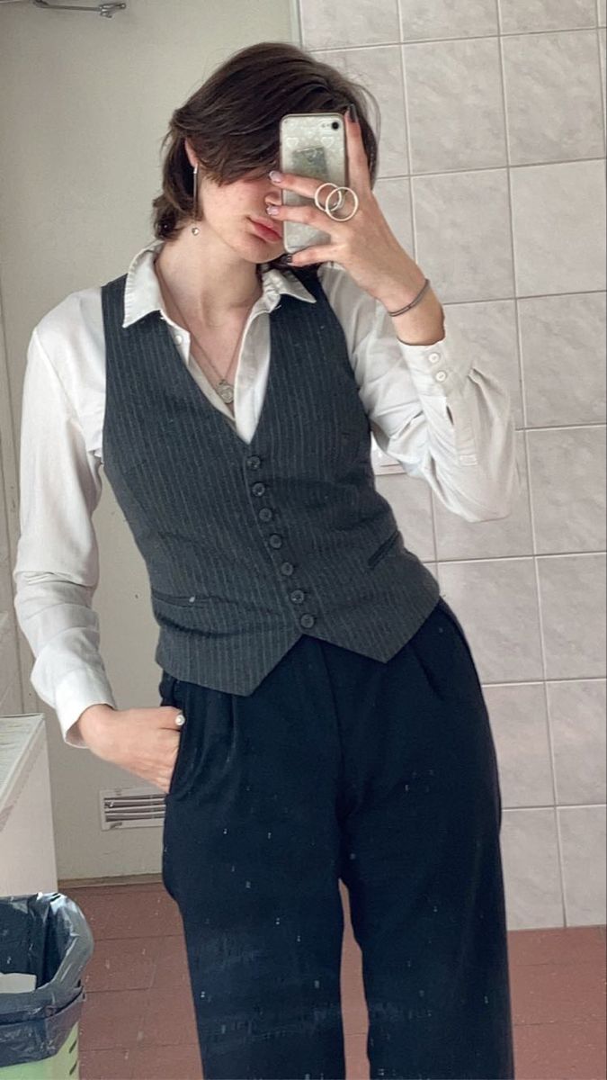 Semi Formal Outfits Gender Neutral, Shirt With Waistcoat Women, Formal Outfits Nonbinary, Female Waistcoat Outfit, Graduation Outfit Nonbinary, Women’s Waistcoat Suit, Masculine Semi Formal Outfits, Gender Neutral Semi Formal Outfit, Masc Suit Women