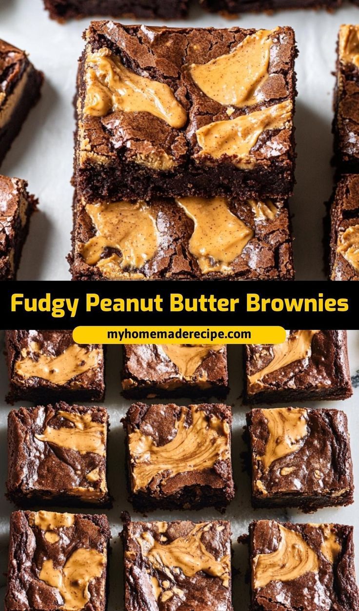 chocolate fudge peanut butter brownies are stacked on top of each other with the words fudge peanut butter brownies