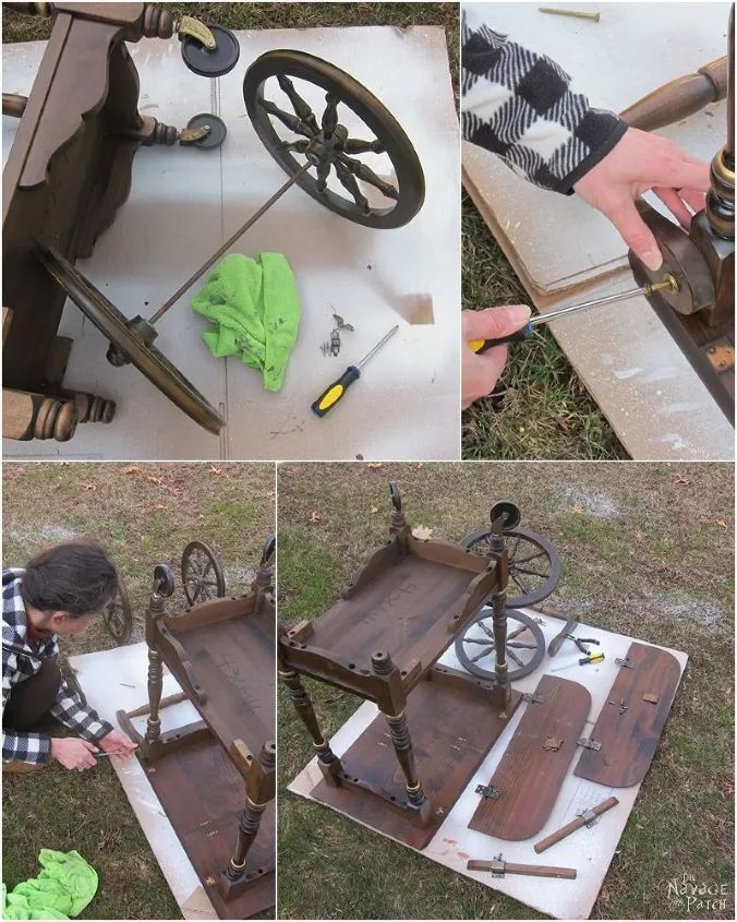 several pictures of an old sewing machine being worked on with wood and metal parts to make it