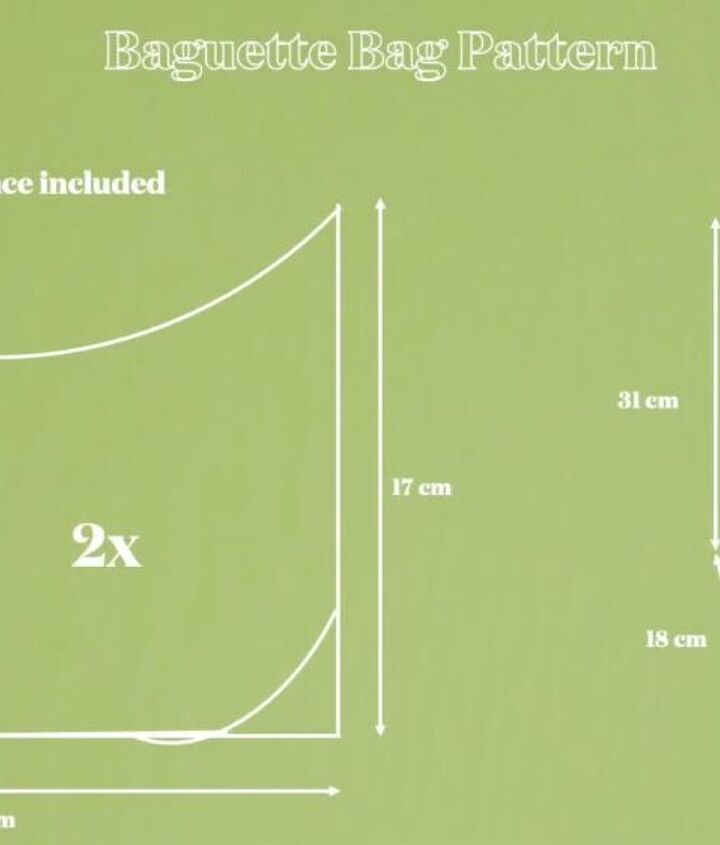 a diagram showing the size and width of a baguette bag pattern, with measurements for each piece included