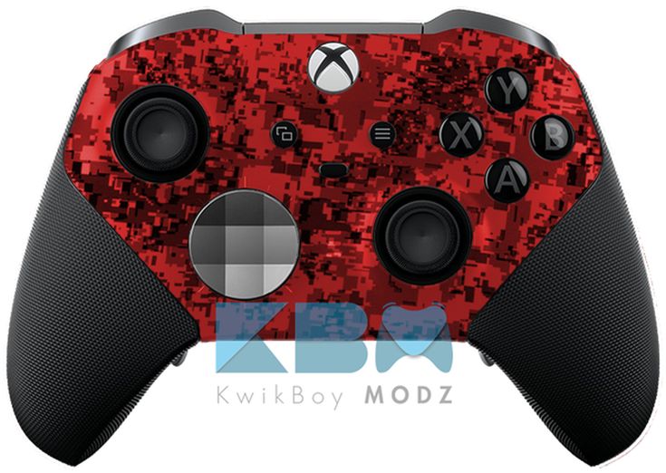 a red and black controller with two buttons on it's side, in front of a white background