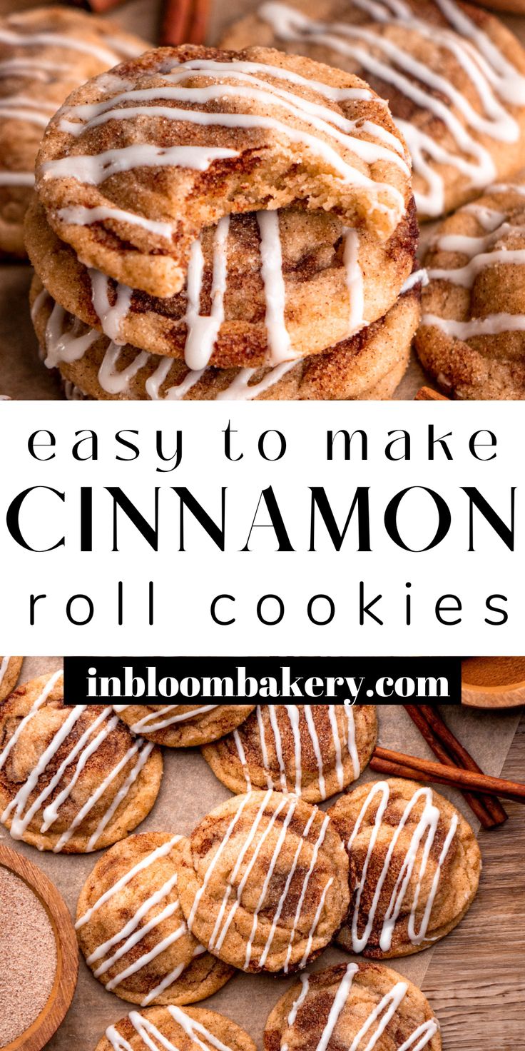 easy to make cinnamon roll cookies with icing on top and cinnamon sticks in the background