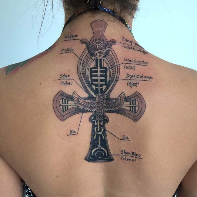 the back of a woman's neck with an ornate cross and symbols on it