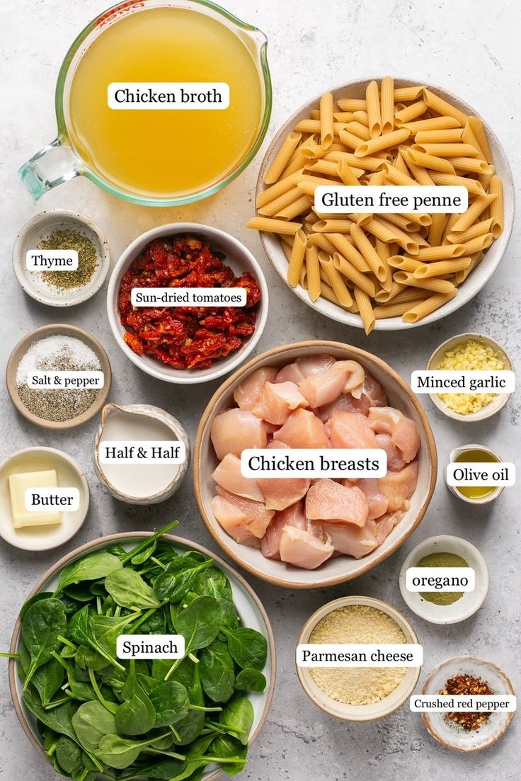 the ingredients for chicken broth are shown in bowls and labeled with their corresponding names