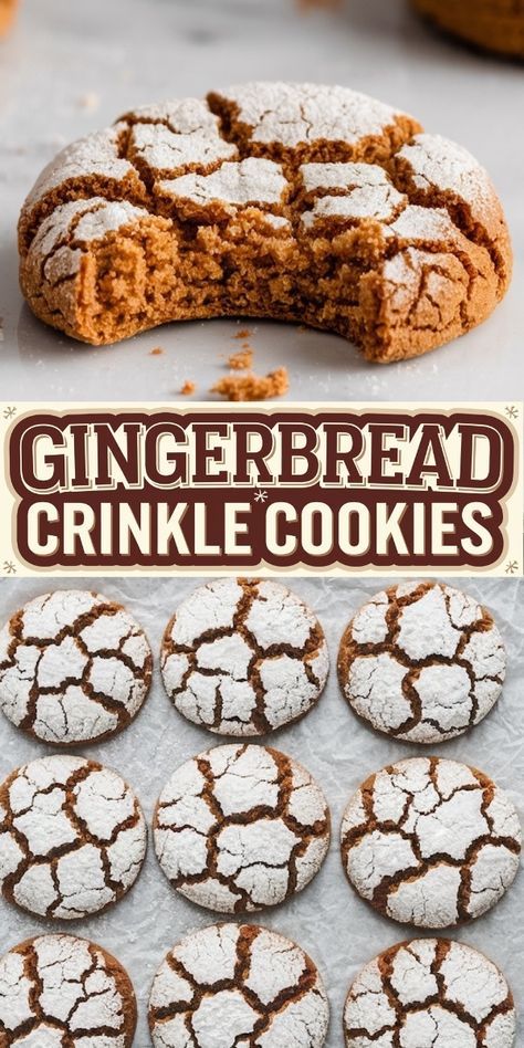 gingerbread crinkle cookies on a baking sheet with the title in the middle