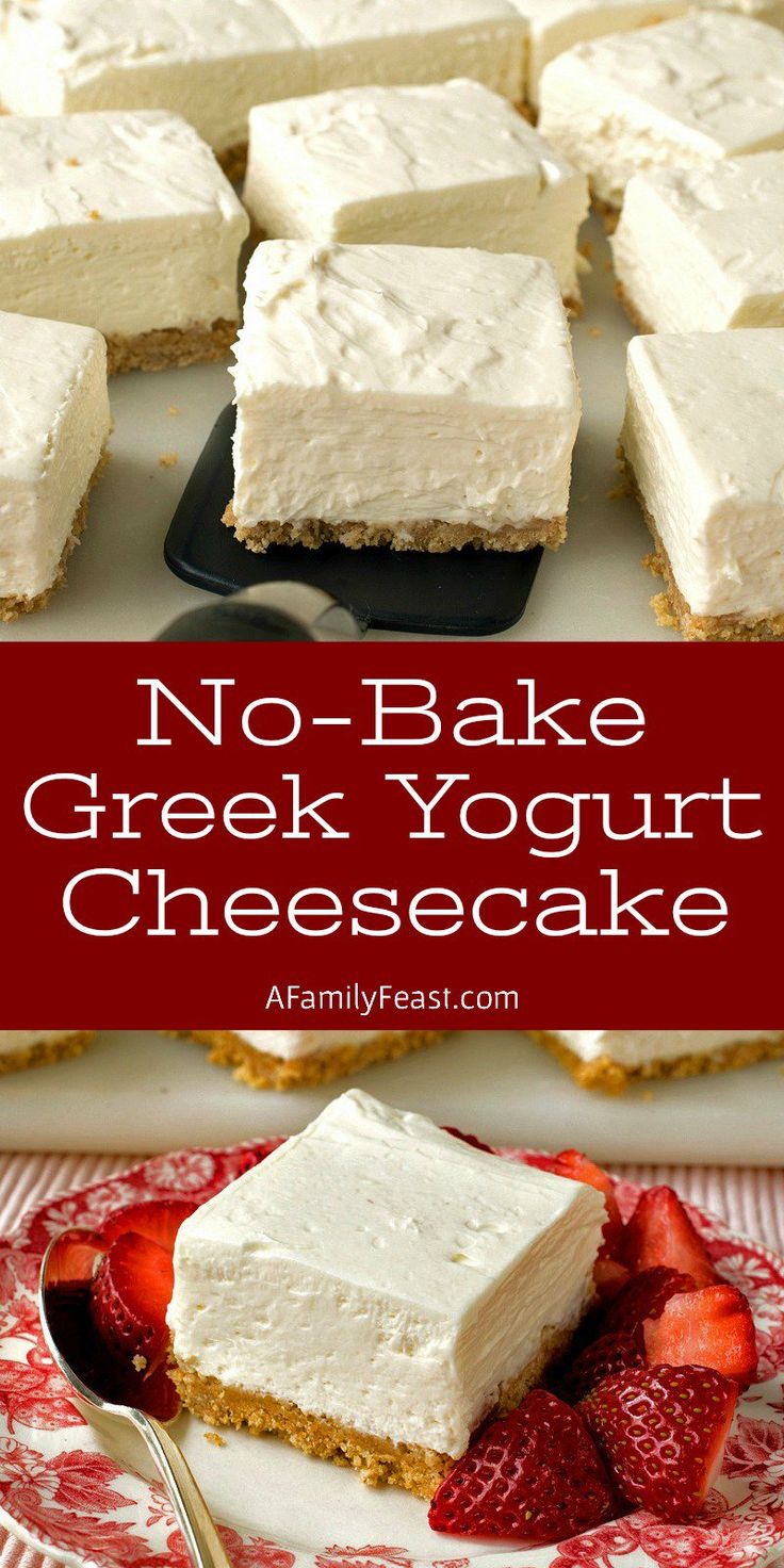 no - bake greek yogurt cheesecake on a plate with strawberries