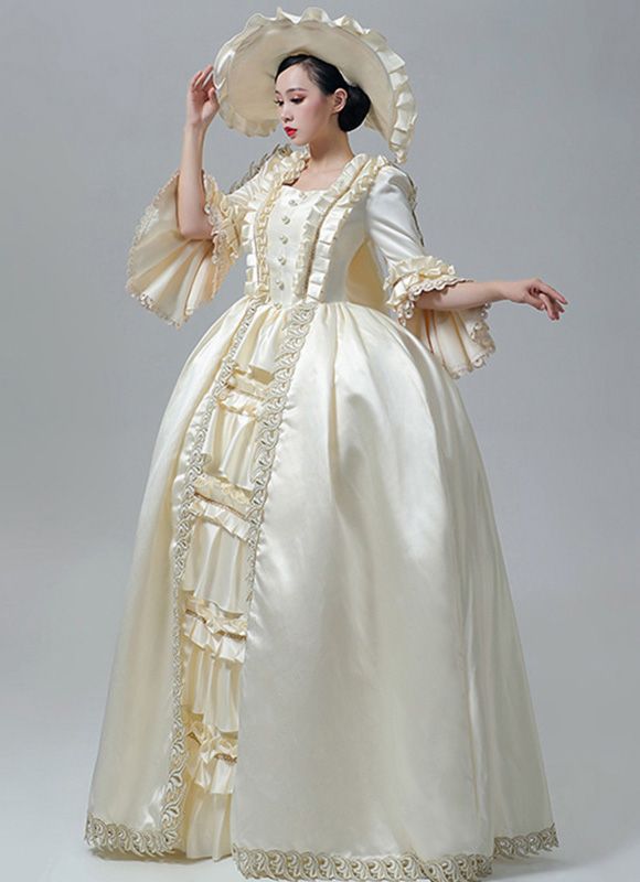 Ivory Marie Antoinette Dresses 18th Century Rococo Priness Dress   Condition: Brand New  Color:Ivory  Material: This dress made of High Quality Satins,Lace, soft,smooth and comfortable to wear  Sleeve Length: Long Flare Sleeve  Dresses Length:Floor-Length  Neckline: amp;nbsp; Square Collar  Decoration: Ruffles + Lace  Applicable People:Adult  Package Includes: Dress   amp;nbsp;   The length of skirt about 45 inches (114 cm) long from waist to hem regardless of size. This dress is pictured with a Marie Antoinette Dress 18th Century, Dresses 18th Century, Rococo Party, Masquerade Party Dresses, Rococo Baroque, Marie Antoinette Dresses, Gothic Victorian Dresses, Baroque Dress, Rococo Dress