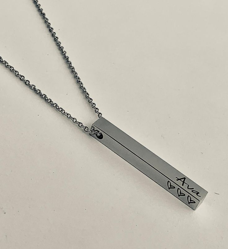 "This listing is for ONE 3D stainless steel necklace. It is available in stainless steel, or rose gold or gold plated stainless steel, with a coordinating chain. The chain is available in 18\", 20\", 22\" or 24\". I can engrave each side of the bar( 5x40mm) with a name, date, coordinates, short quote or message, Bible verse reference, etc. In the personalization box, you will enter what to engrave on each side of the bar. Front Left Right Back For example: Front NLS Left I Love You Right Lauryn Customized Stainless Steel Necklaces For Mother's Day, Adjustable Stainless Steel Necklace For Mother's Day, Customizable Stainless Steel Necklace For Mom, Customizable Stainless Steel Necklaces - Gift For Mom, Customizable Stainless Steel Necklaces As Gift For Mom, Personalized Stainless Steel Jewelry As Gift For Her, Stainless Steel Pendant Necklace For Personalized Gifts, Minimalist Stainless Steel Jewelry For Personalized Gifts, Personalized Stainless Steel Pendant Name Necklace