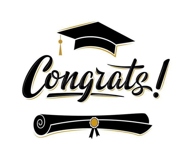 congratulations with graduation cap and diploma scroll on white background, hand drawn lettering in vintage style