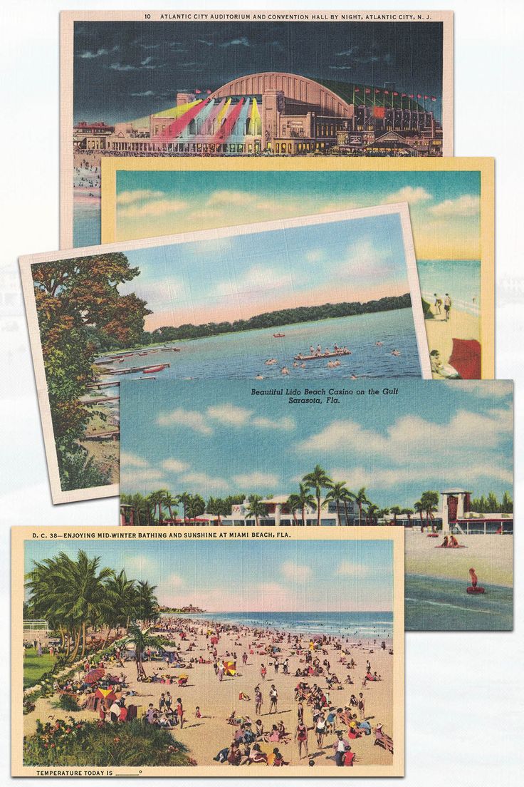 three postcards with pictures of people on the beach and buildings in the back ground