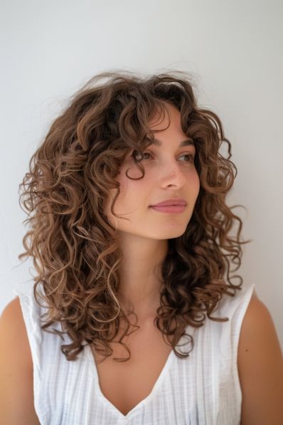 19+ Haircuts For Curly Hair 2b Hair Shoulder Length, Wolf Haircut For Curly Hair, Curly Haircuts Square Face, Long Curly Haircuts Face Framing, Messy Curly Bangs, Fringe For Curly Hair, Natural Curly Curtain Bangs, Loose Curl Haircut, Naturally Curly Face Framing Layers