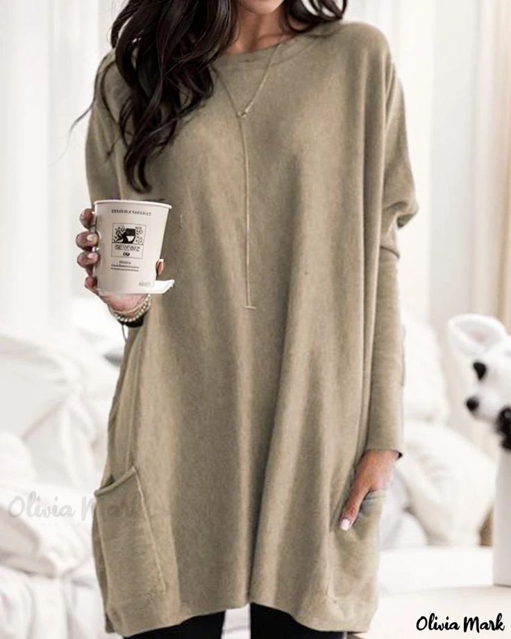 OliviaMark - Stylish Autumn Long Sleeve Casual Pocket T-shirt Maxi Dress Summer, Round Neck Shirt, Dresses Elegant, Loose Outfit, Solid Tops, Skirts With Pockets, Womens Fall, Long Sleeve Casual, Neck Shirt