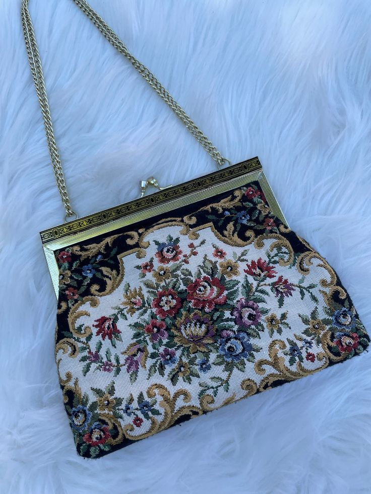 Vintage floral tapestry handbag on a gold chain that could be made short or long  The other side is plain black And amazing condition Tapestry Handbag, Tapestry Handbags, Wedding Bags, Floral Tapestry, Wedding Bag, How To Make Shorts, Denver Co, Plain Black, Bags Purses