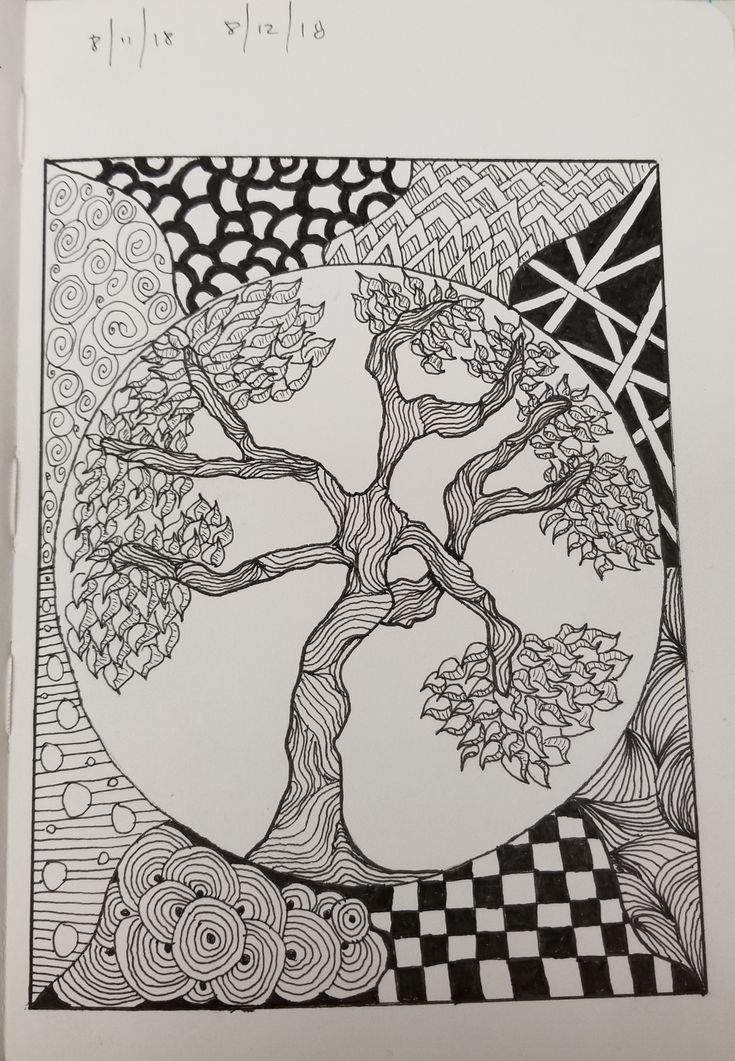 a black and white drawing of a tree in the middle of a checkered background