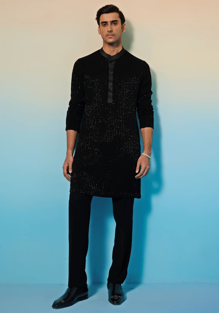 Black Embroidered Kurta Set Contrast by Parth - Fabilicious Fashion Sangeet Black Outfit, Black Kurta Men, Black Kurta Pajama Men, Stylish Kurta For Men Black, Luxury Black Bandhgala Straight Kurta, Black Transitional Kurta, Luxury Black Embroidered Nehru Jacket, Men’s Black Kurta, Kurta Designs Men's