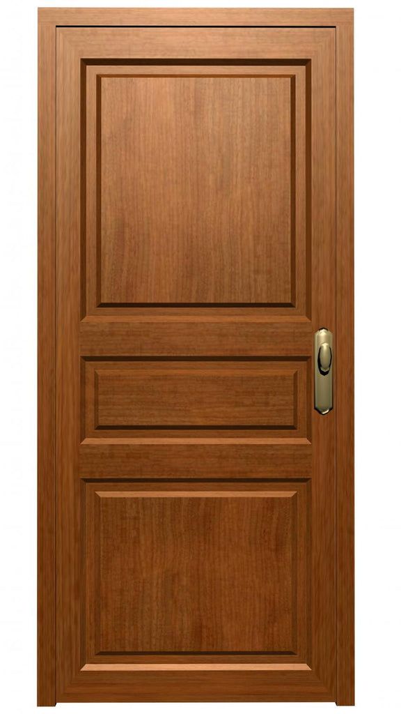 a wooden door with a metal handle on the front and side paneled in wood