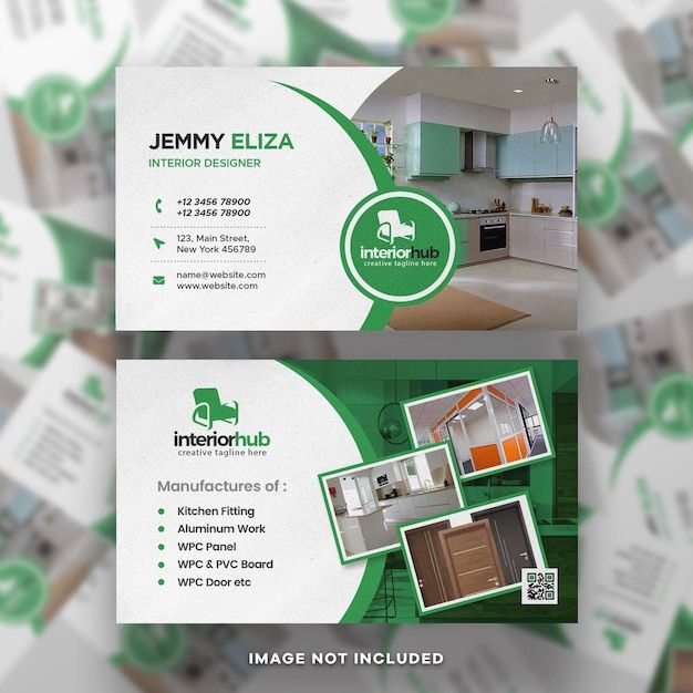 two green and white business cards with pictures on them, one is for interior hub